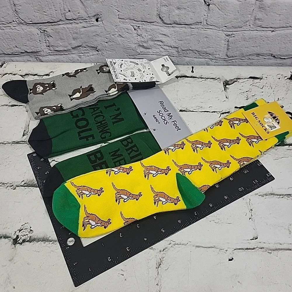 Mens Socks Novelty Lot Of‎ 3 Pairs Watching Golf Beer Warthog Kangaroo New